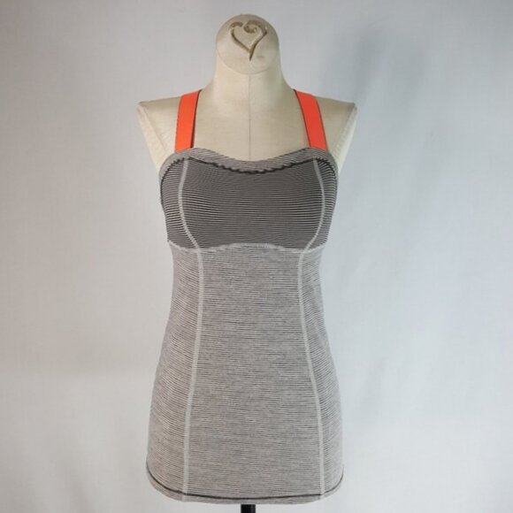 Lululemon Run Catch Me Tank Top 2 Womens Black Beige Stripes Adj Neon Straps - Picture 2 of 11
